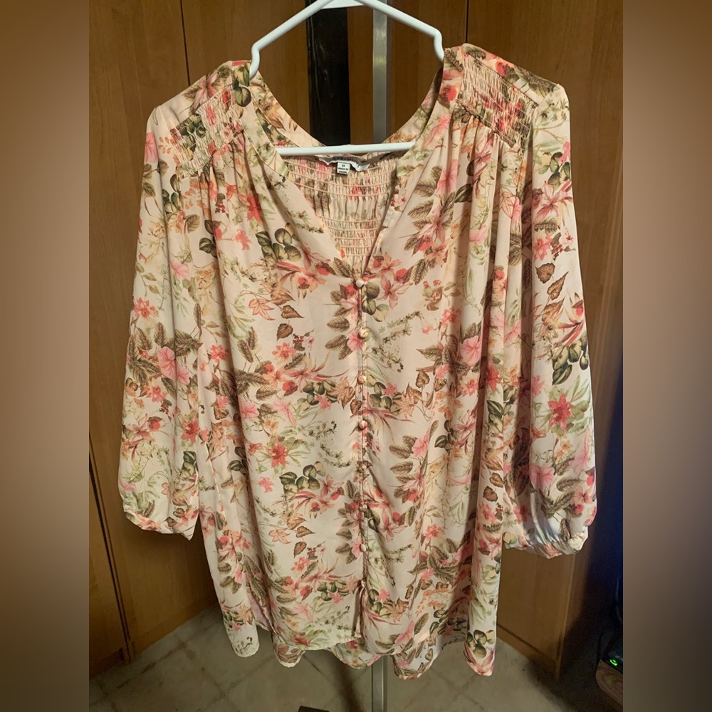 Rose & Olive Floral Button-Down Blouse in Cream and Pink